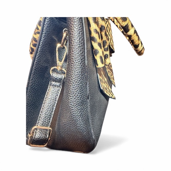 Crossi Black Satchel with Leopard Print Bow & Handles - Picture 7 of 11